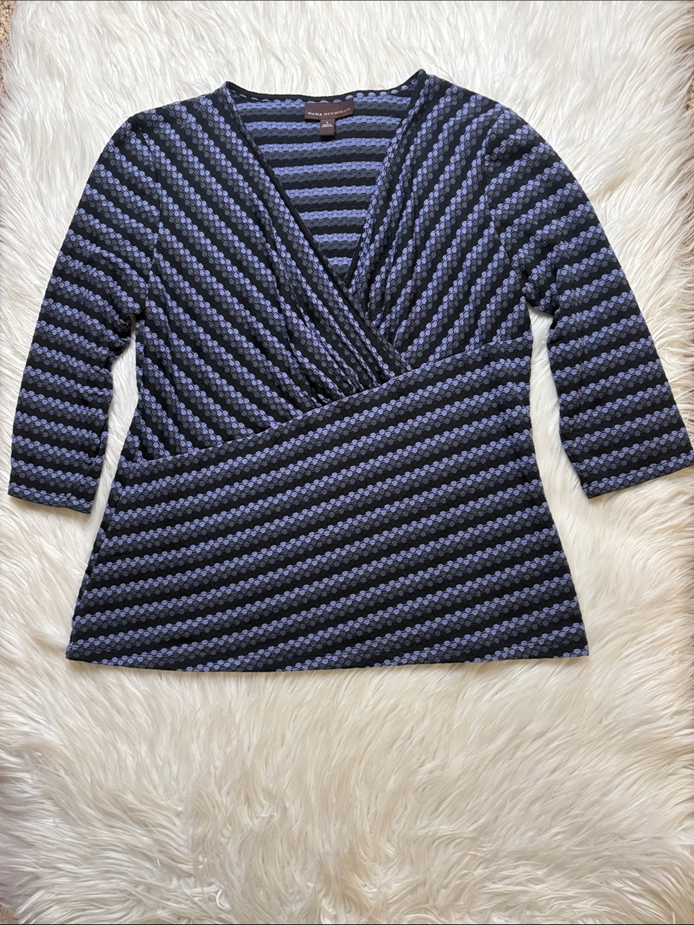 Dana Buchman Black and Blue Striped Wrap-Style Top